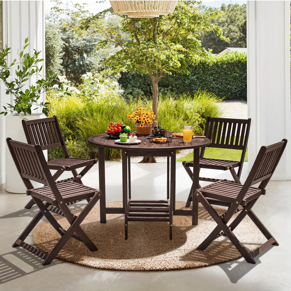 Devoko Acacia Wood Outdoor Patio Folding Table and Chairs Set for 4