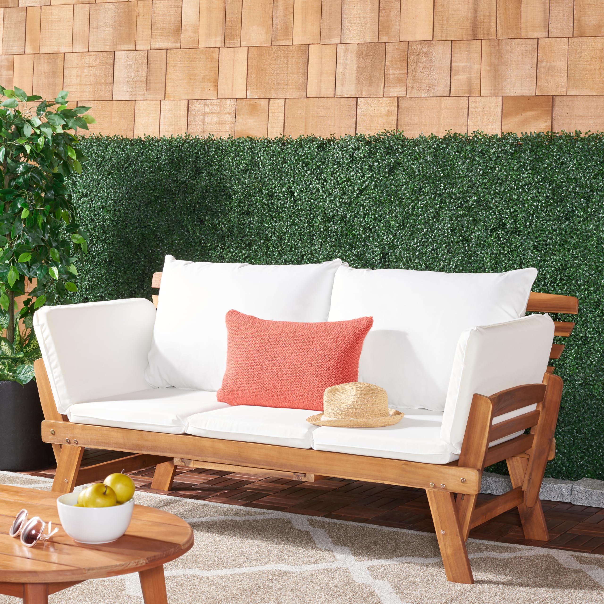 SAFAVIEH Outdoor Collection Emely Natural Acacia Wood/Beige Cushion Expandable Loveseat Daybed