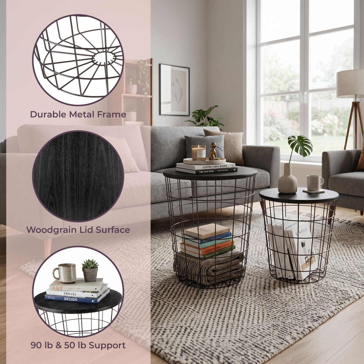 Lavish Home Round End Tables - Nesting Tables Set of 2, Black