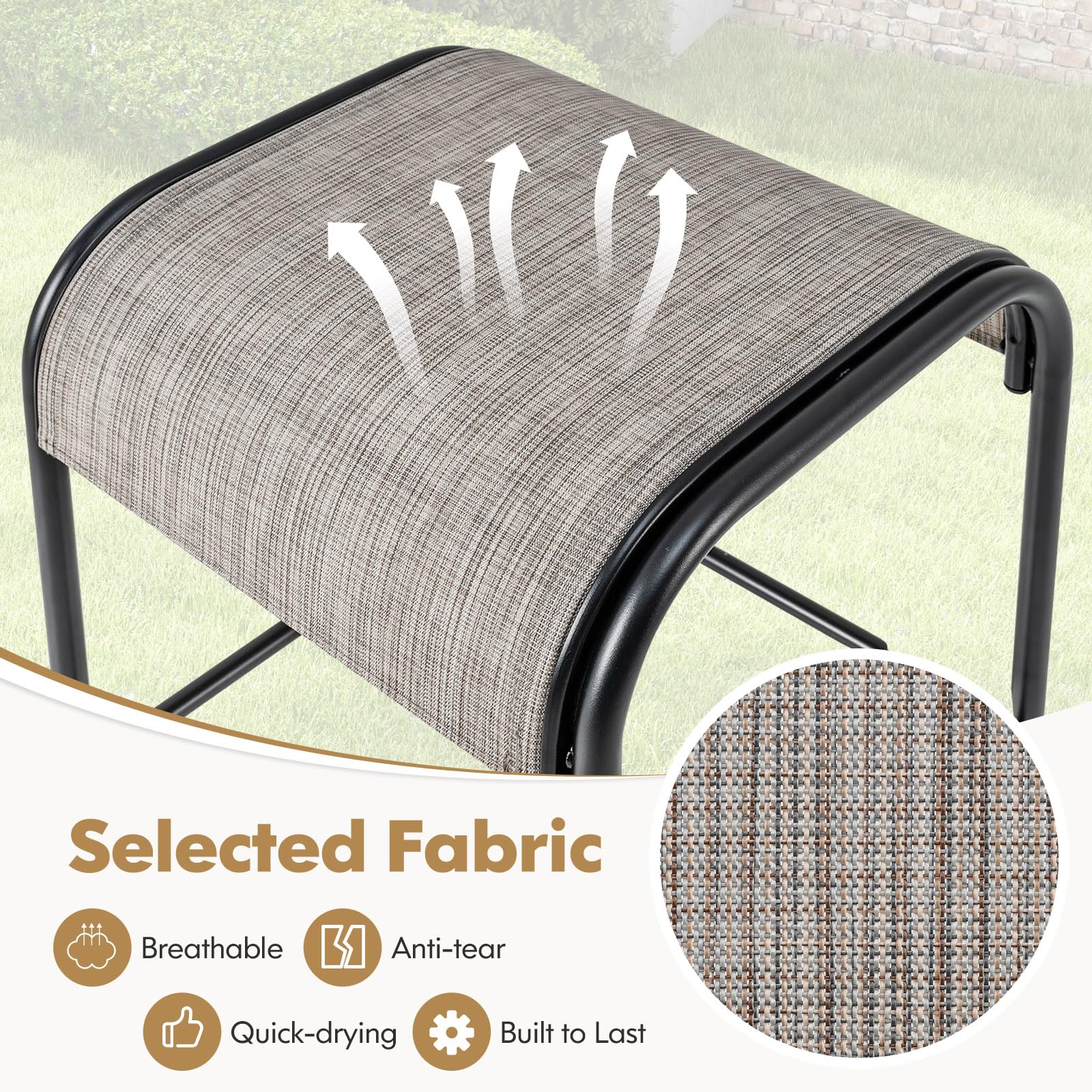 Outdoor Bar Stools with Breathable Fabric Seat & Metal Frame