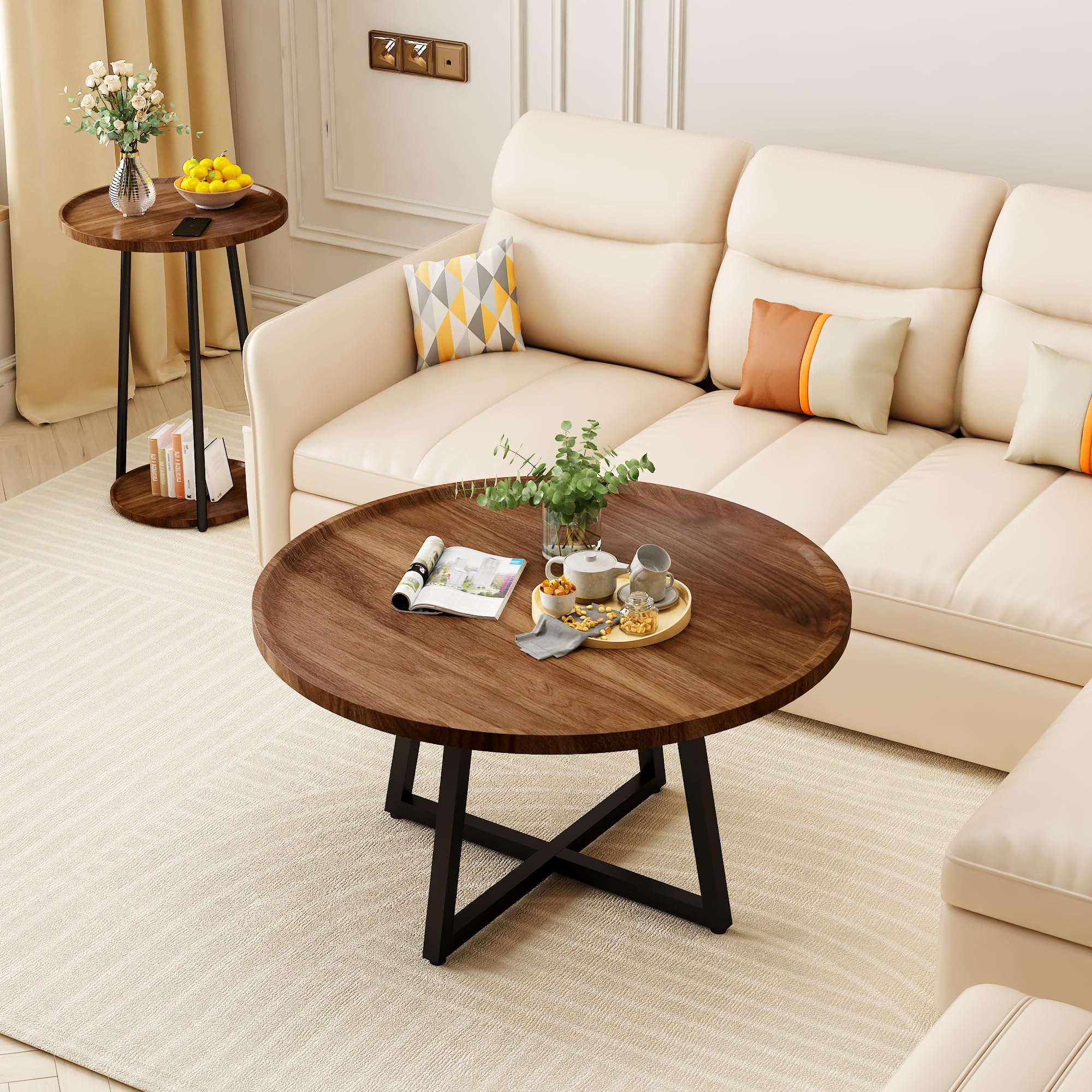 3-Piece Round Coffee Table & End Table Set – Vintage Industrial, Brown