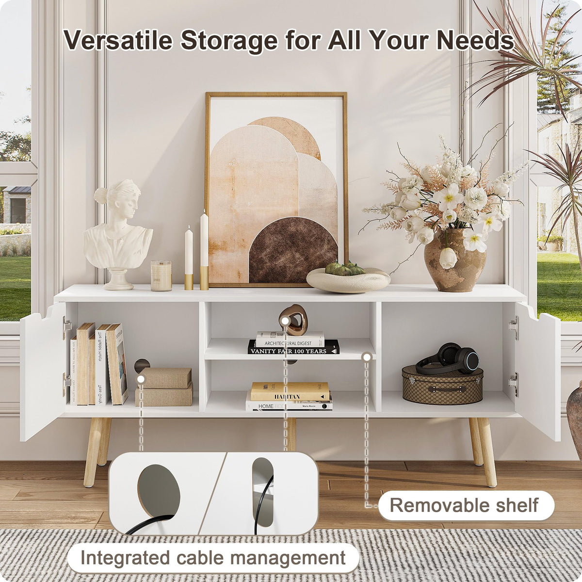 Sylunawyn White TV Stand for 50 55 60+ Inch TVs, Modern TV Console with Storage Cabinets, Open Shelves and Solid Wood Legs, Entertainment Center Media Console, TV Stands for Living Room