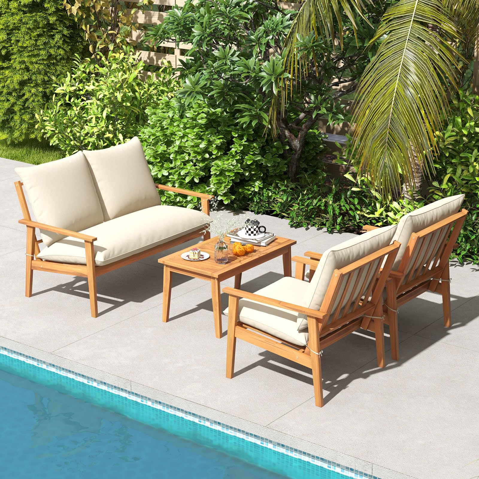 4-Piece Acacia Wood Patio Conversation Set with Cushions