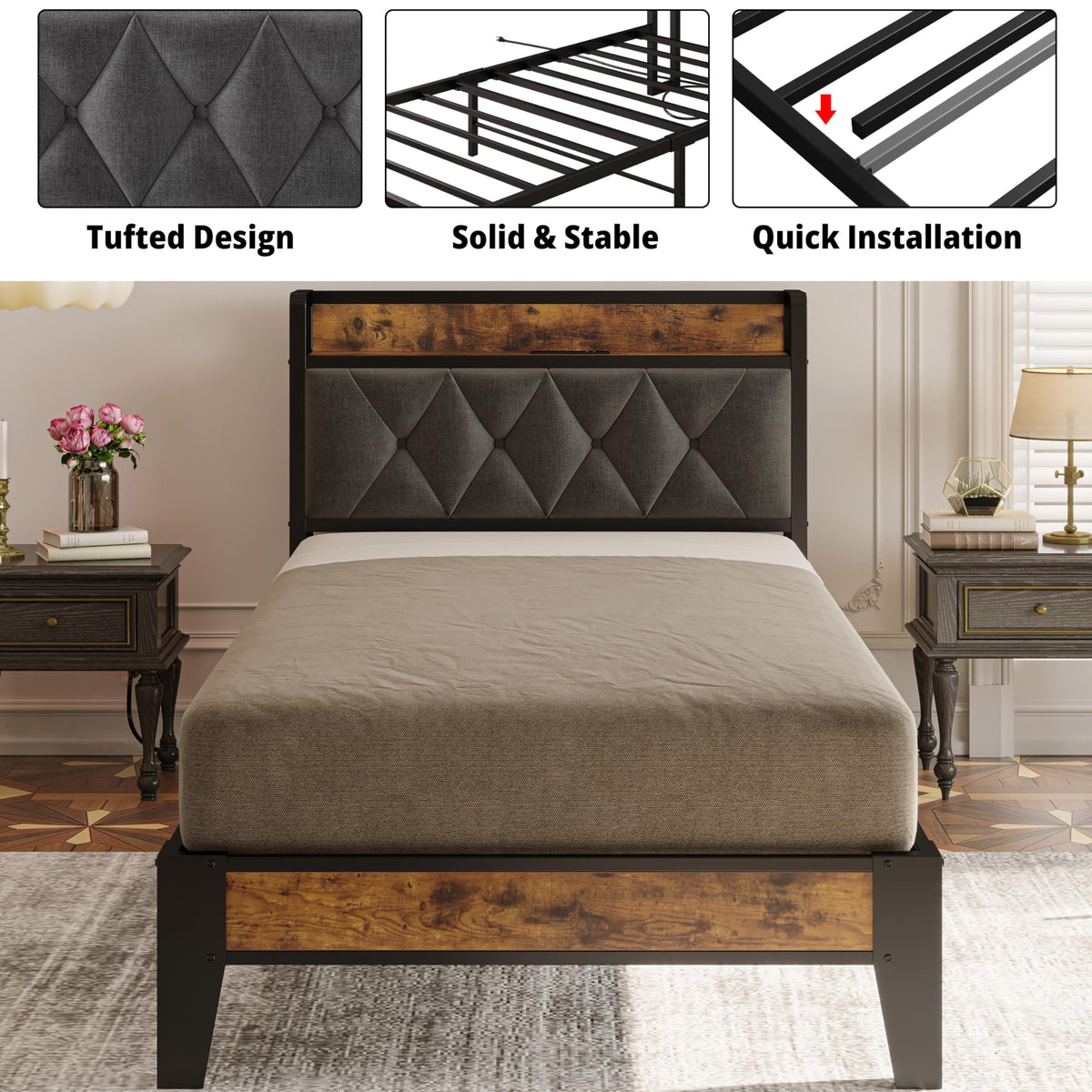 ANCTOR Twin Bed Frame, Storage Headboard with Charging Station