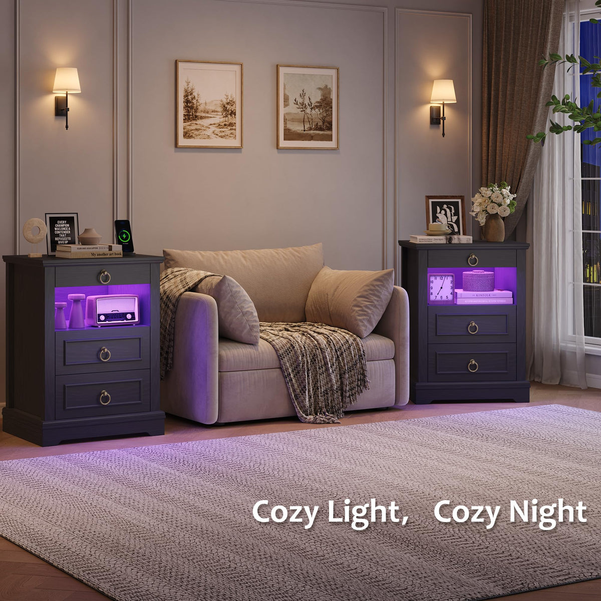 Black LED Nightstand Set of 2 with Charging Station