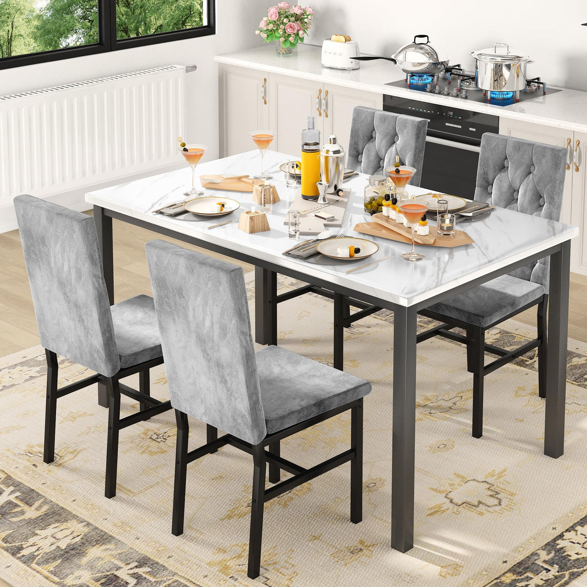 Hooseng Dining Table Set for 4, Faux Marble Small Kitchen Table Chairs Set of 4 with Luxurious Button Tufted Dinner Chairs for Kitchen and Dining