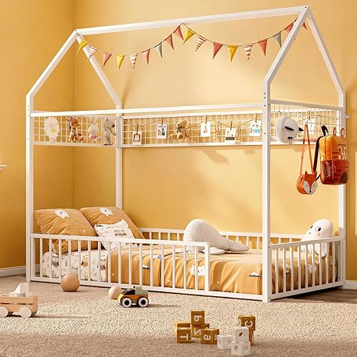 Twin Metal House Floor Bed Frame with Guardrails