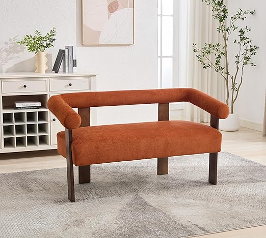 53" Bouclé Loveseat Sofa with Curved Armrests & Rubberwood Frame