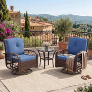 SLEKVERSA 3-Piece Swivel Bistro Patio Set – All-Weather Wicker Chairs with Tempered Glass Table & Thick Blue Cushions for Garden, Balcony, Deck – Brown Gradient Rattan + Blue Cushion