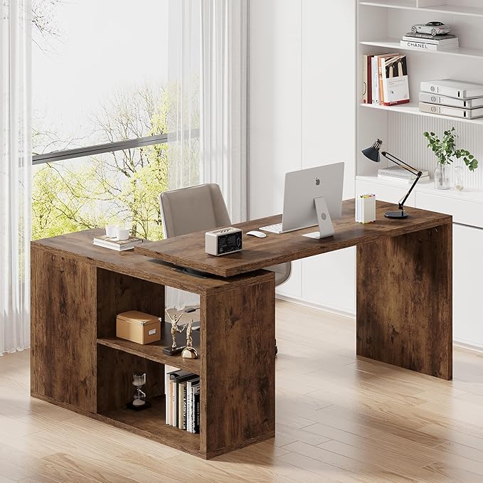L-Shaped Corner Desk with Storage Shelves & Cabinet
