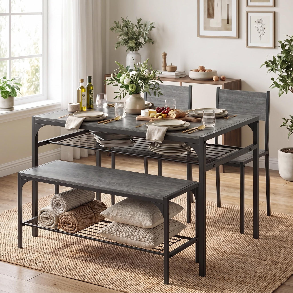 COSTWAY Dining Table Set for 4 with Bench & 2 Chairs, Storage Racks, Grey