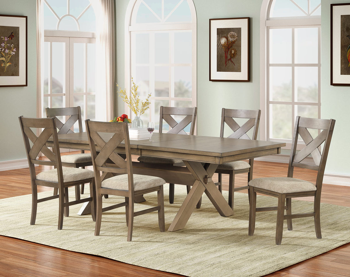 Roundhill Furniture Raven Wood 7-Piece Set, Extendable Trestle Dining Table with 6 Chairs, Glazed Pine Brown