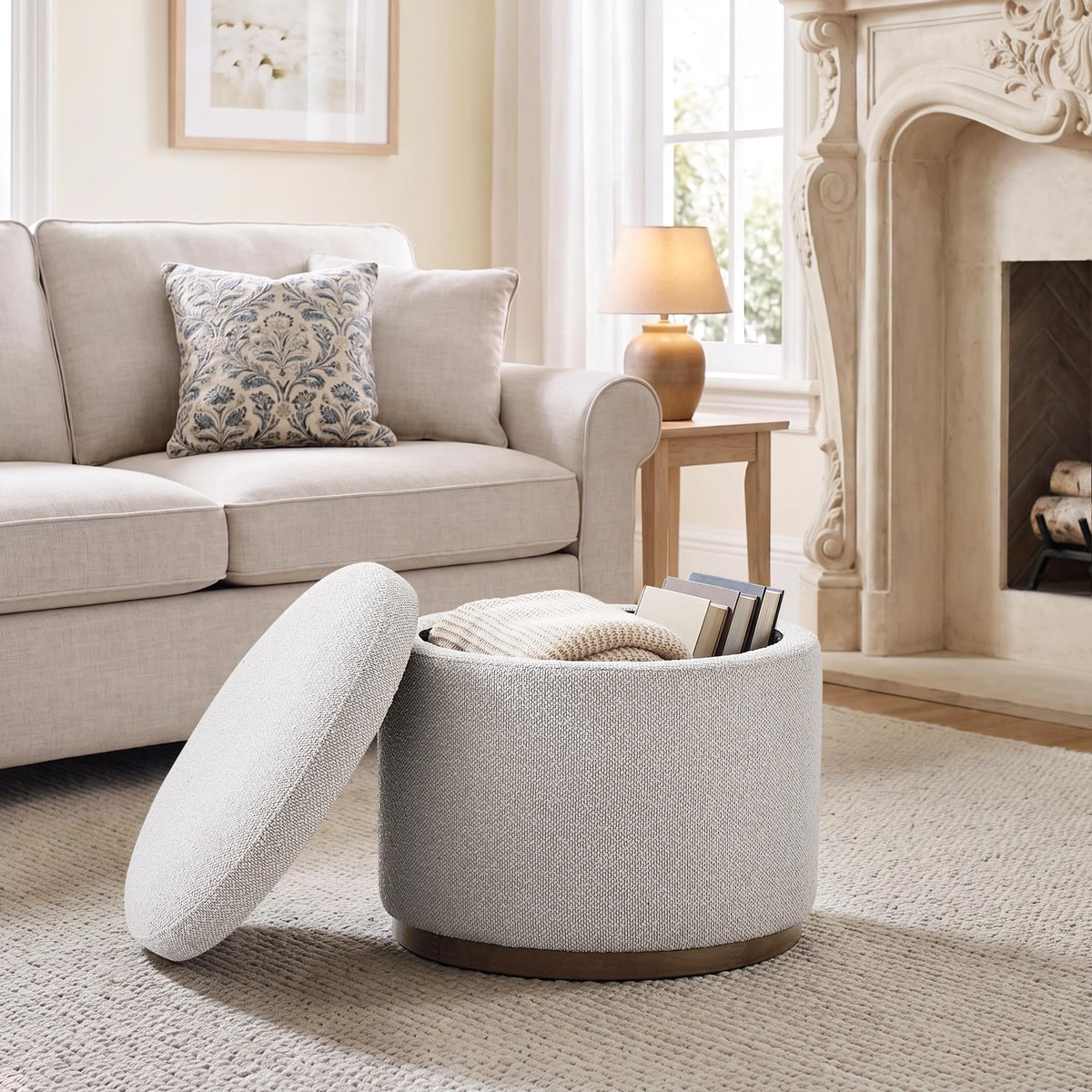 Dolamy Round Storage Ottoman, 20" Boucle Ottoman Foot Rest Stool(Beige)
