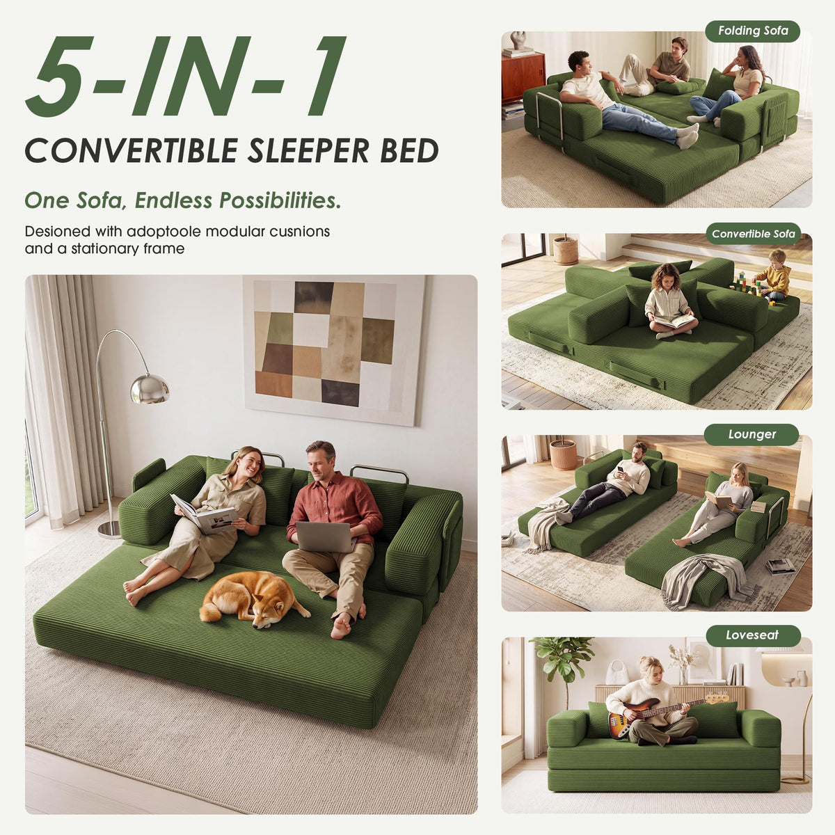 78" 5-in-1 Convertible Futon Sofa Bed, Boneless Couch for Living Room