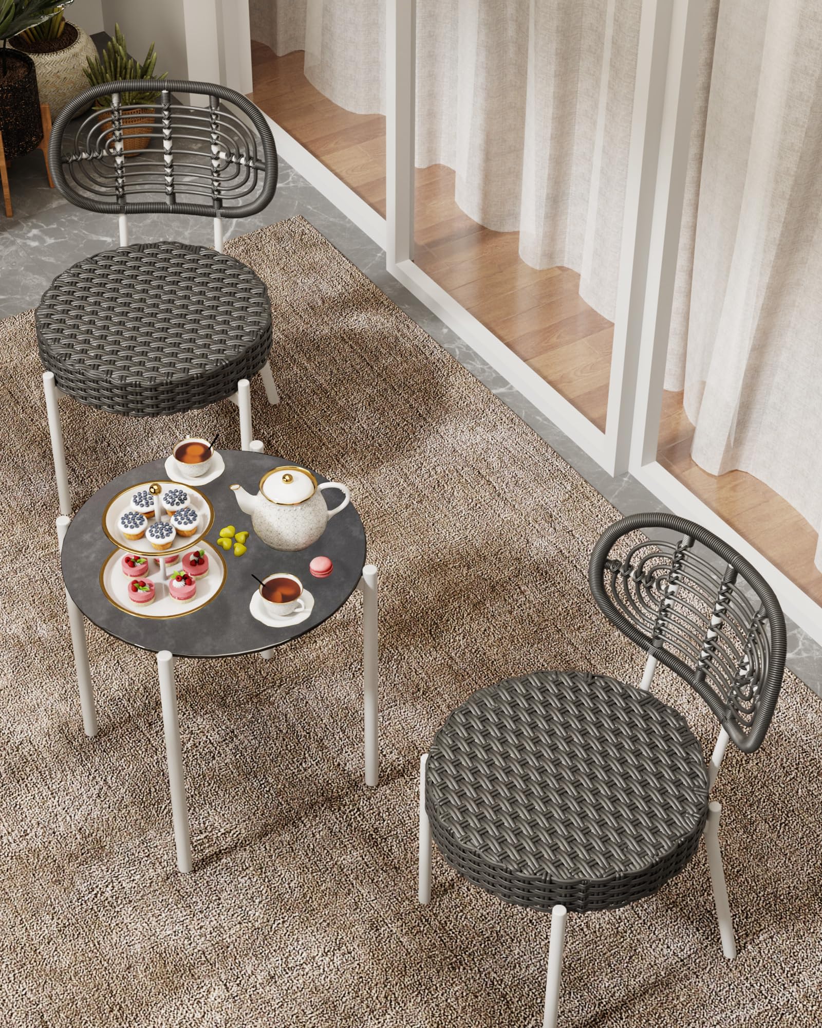 GarveeLife 3 Piece Wicker Patio Bistro Furniture Set, Outdoor Dining Chairs, Includes 2 Rattan Chairs and Tempered Glass Table, for Garden, Backyard, Balcony, Apartment, White & Grey