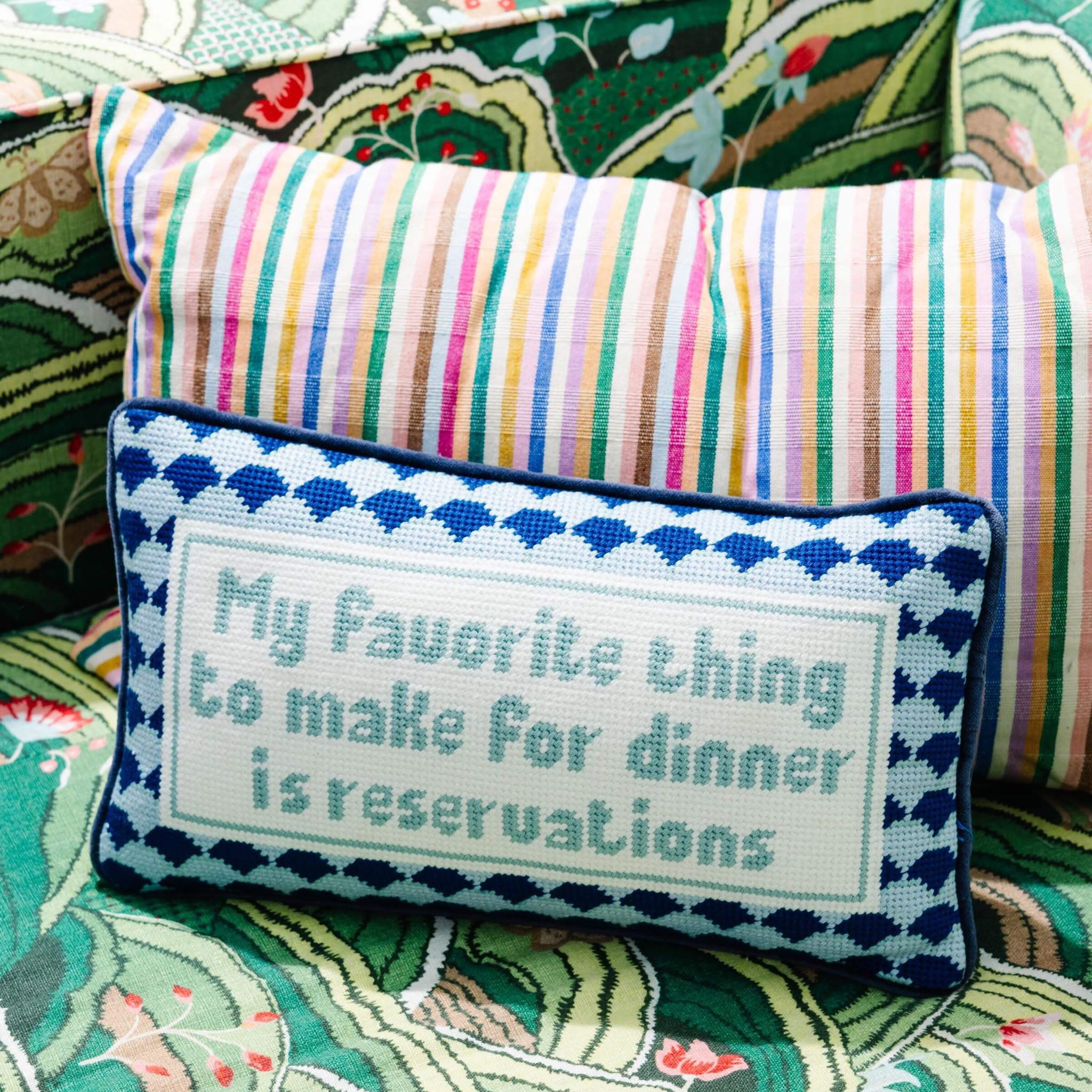 FURBISH Needlepoint Decorative Throw Pillow - with Reservations - 8" x 14" - Small Embroidered Accent Pillow for Bed, Chair, Couch, Sofa - Eclectic Home Decor