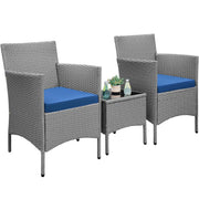 Yaheetech 3 Pieces Patio Porch Furniture Set, Outdoor PE Rattan Wicker Conversation Set with Soft Cushions, Glass Coffee Table & 2 Chairs for Garden/Deck/Courtyard/Poolside, Gray/Dark Blue