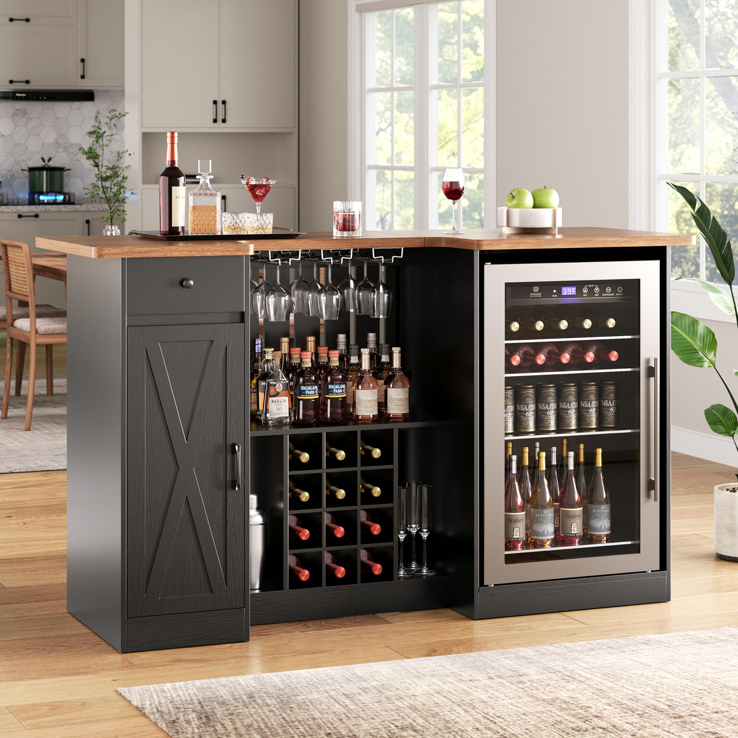 Terroute 72" U-Shape Liquor Cabinet with Fridge Space, Bar Table with Wine Rack Glass Holder, Wine Bar Cabinet with Storage, Home Bar Cabinet for Man Cave Home Pub Basement Living Room, Black LRBT001B