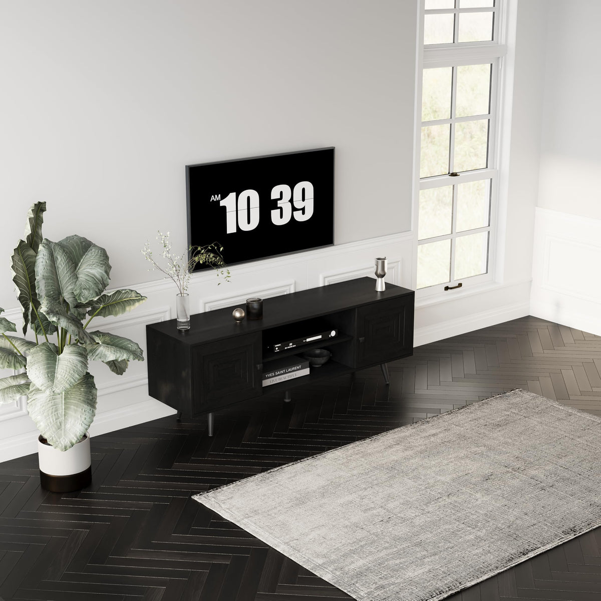 LZLUOB Modern TV Stand with Storage Cabinet, Wood Fashionable TV Cabinet with Waveform Panel and Adjustable Shelf, Entertainment Center TV Stand for TV, Living Room (Advanced Black