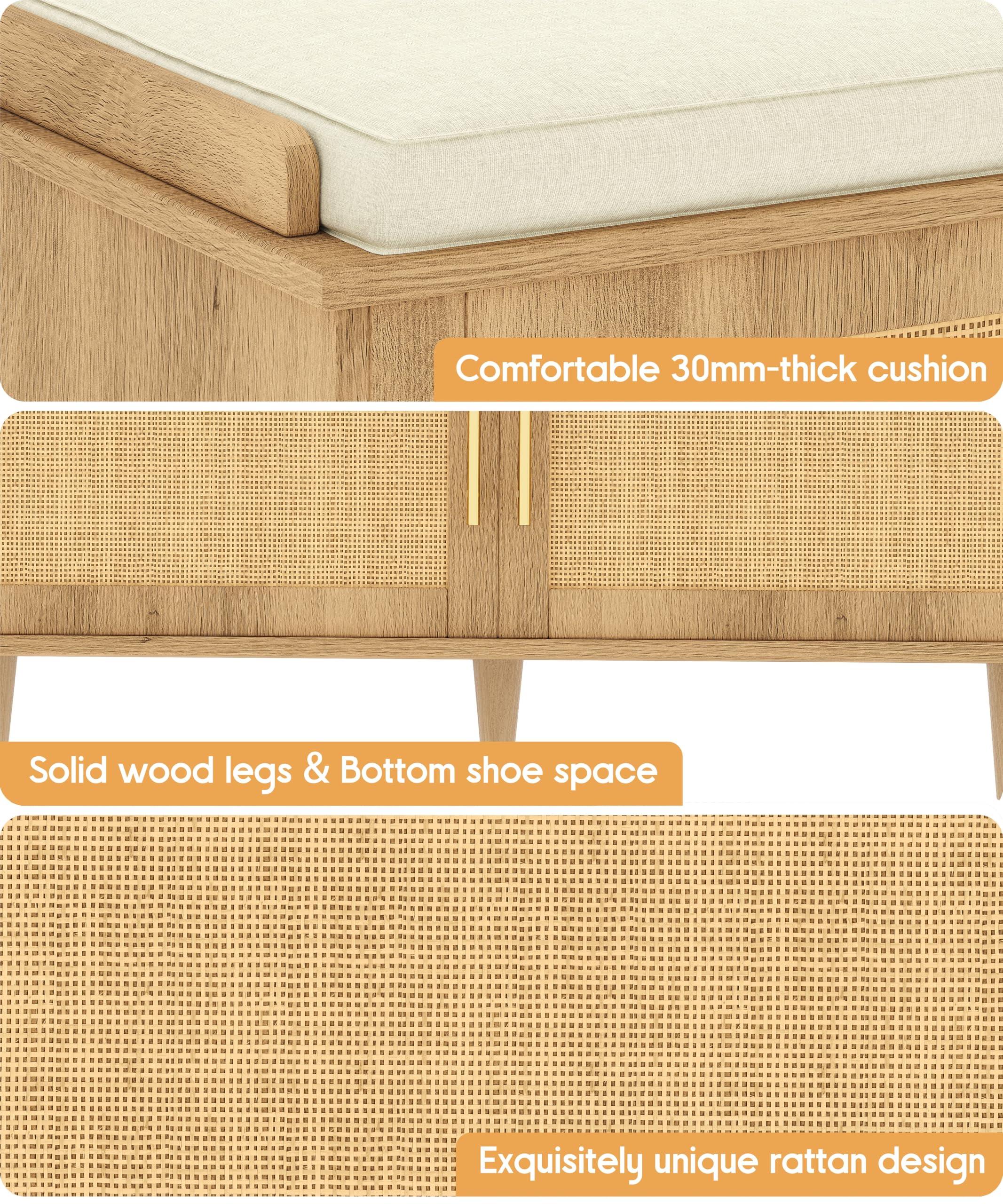 Rattan Shoe Storage Bench with Cushion