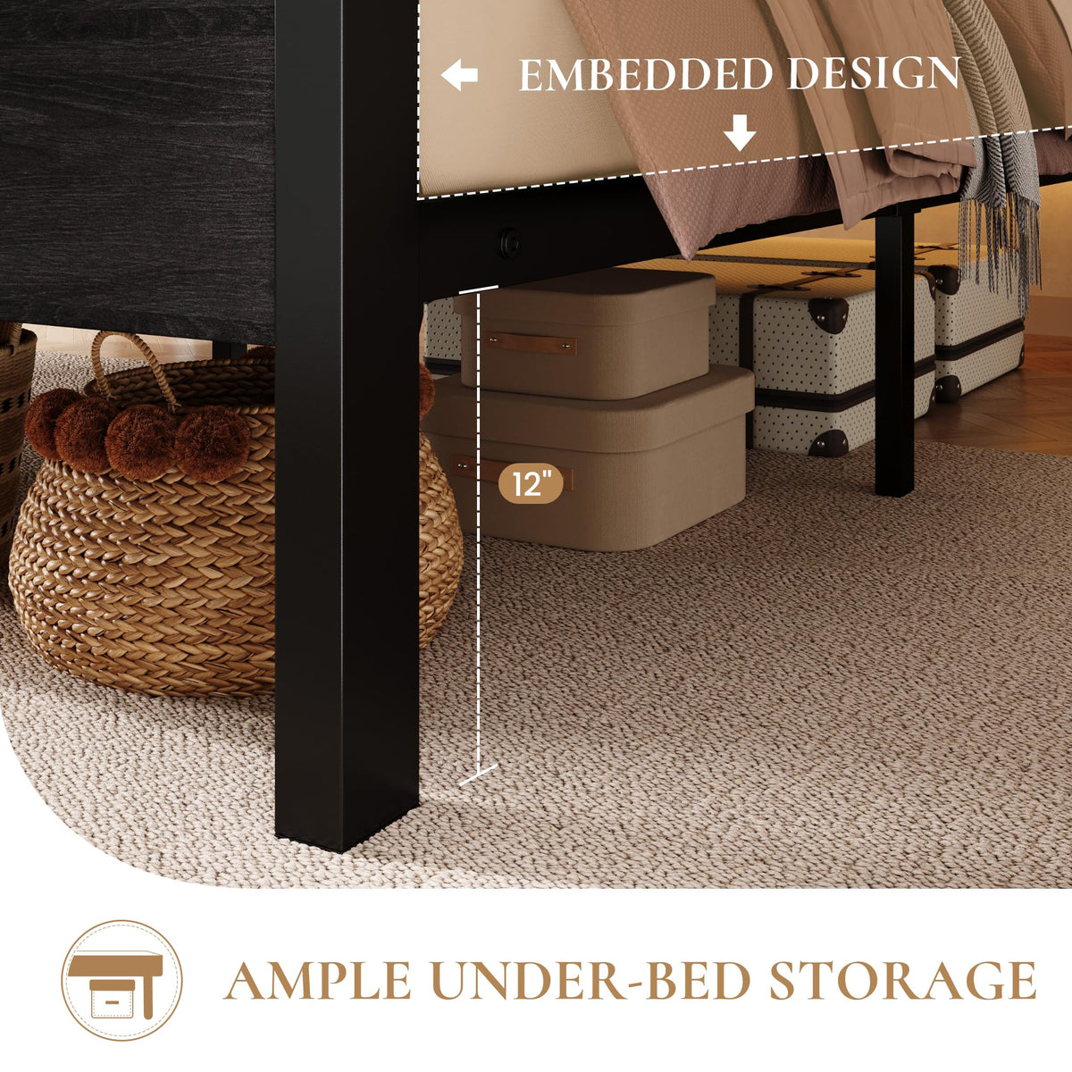 SHA CERLIN Queen Bed Frame, 2-Tier Storage Headboard, LED, Charging Station