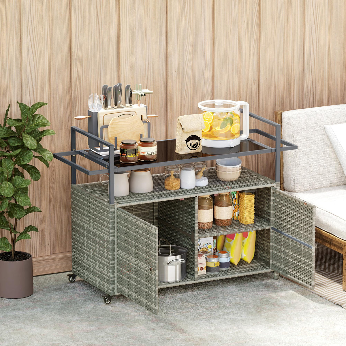 Outsunny PE Rattan Outdoor Storage Cabinet Bar Cart, Wheels, Mixed Gray