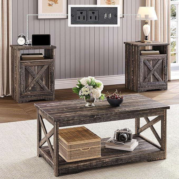 3-Piece Farmhouse Coffee & End Table Set with Charging Station