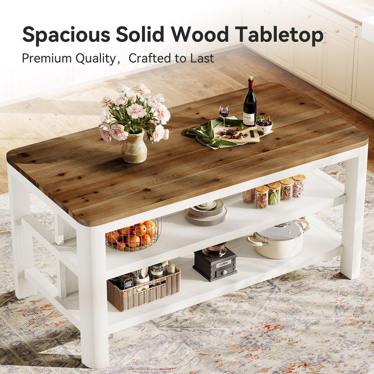 Solid Wood Kitchen Island with Shelves