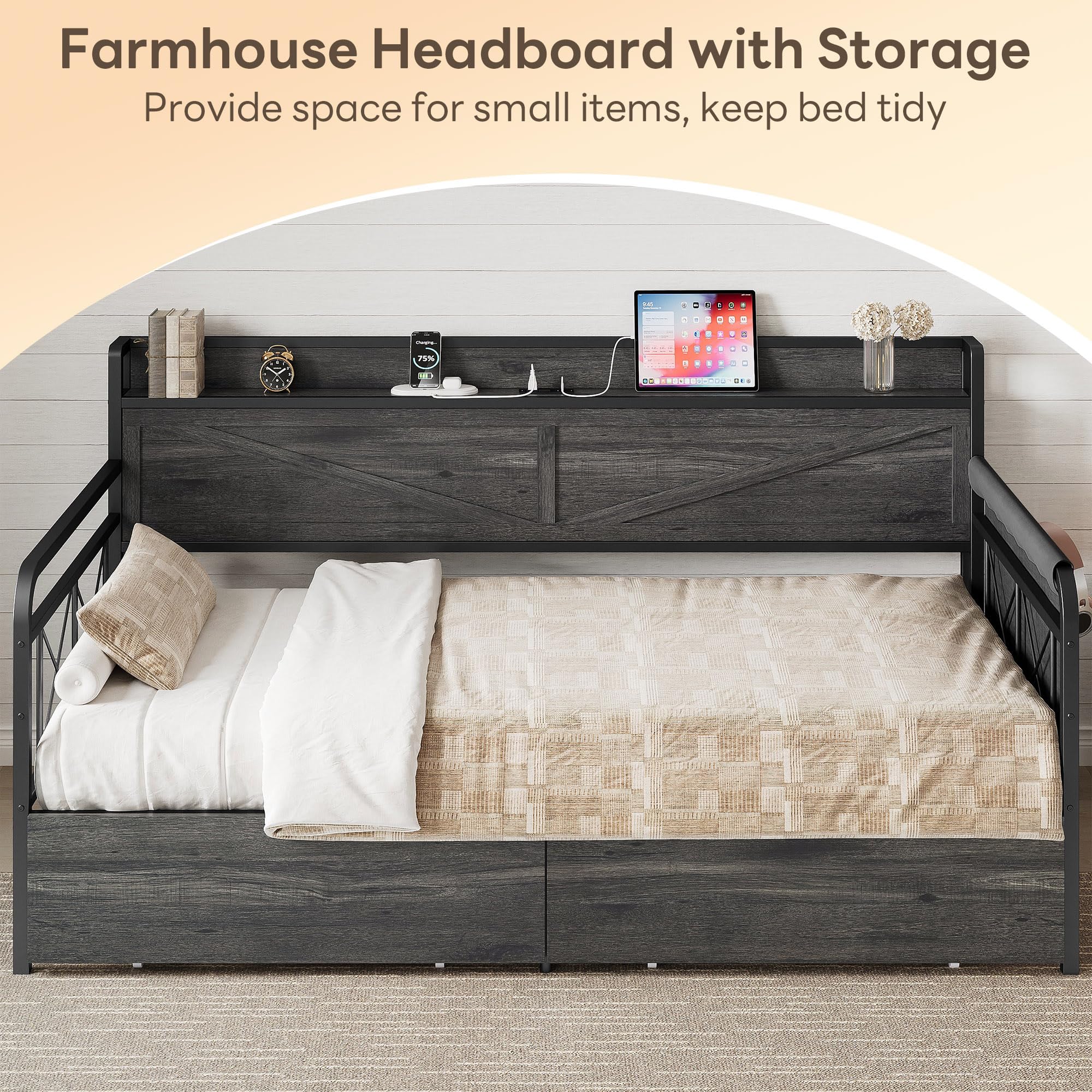 Twin Daybed with Storage Drawers & Charging Station