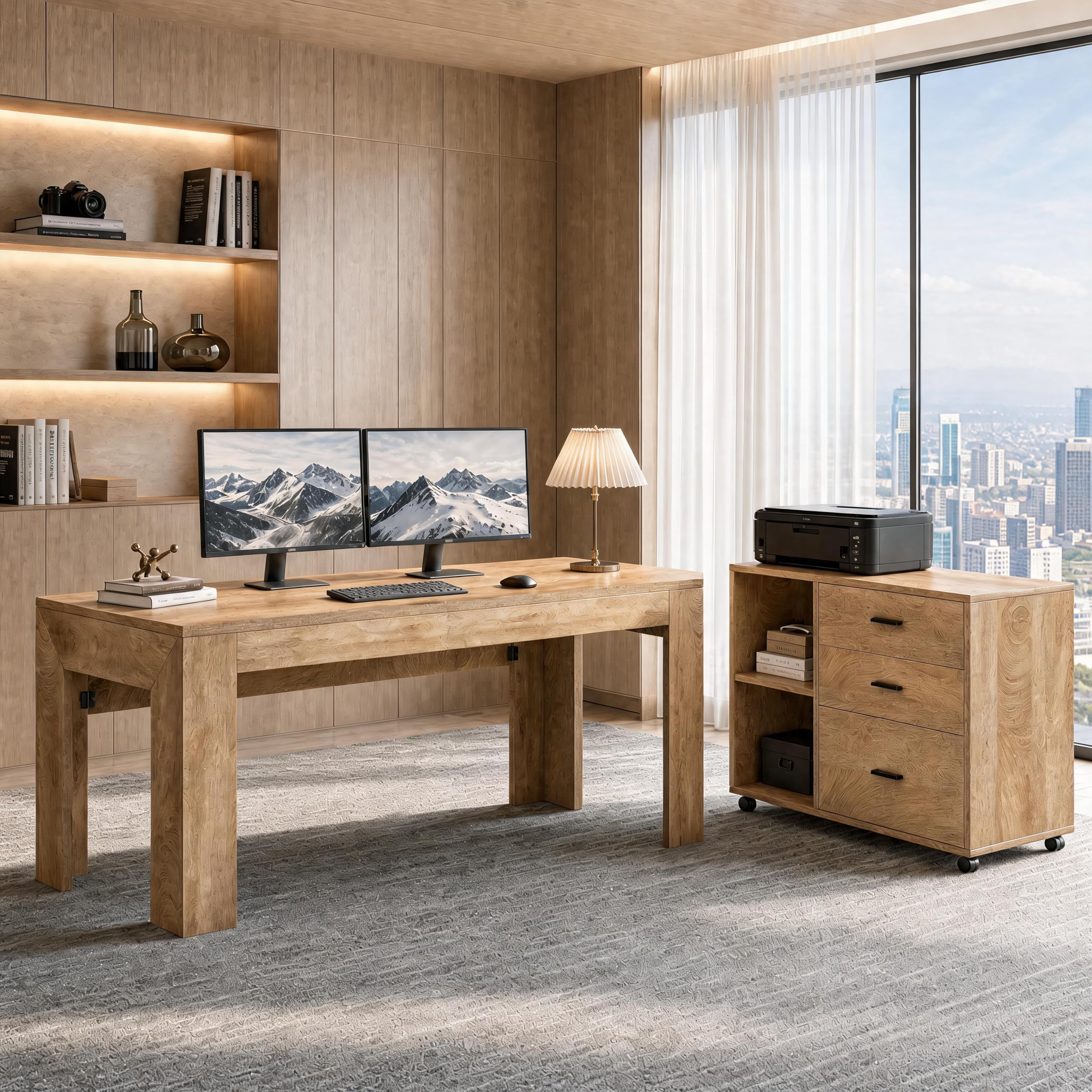 Tribesigns 63'' L Shaped Office Desk with Drawers and Shelves,Large Executive Desk with Rolling File Cabinet Combo,Home Office Computer Desk,Brown