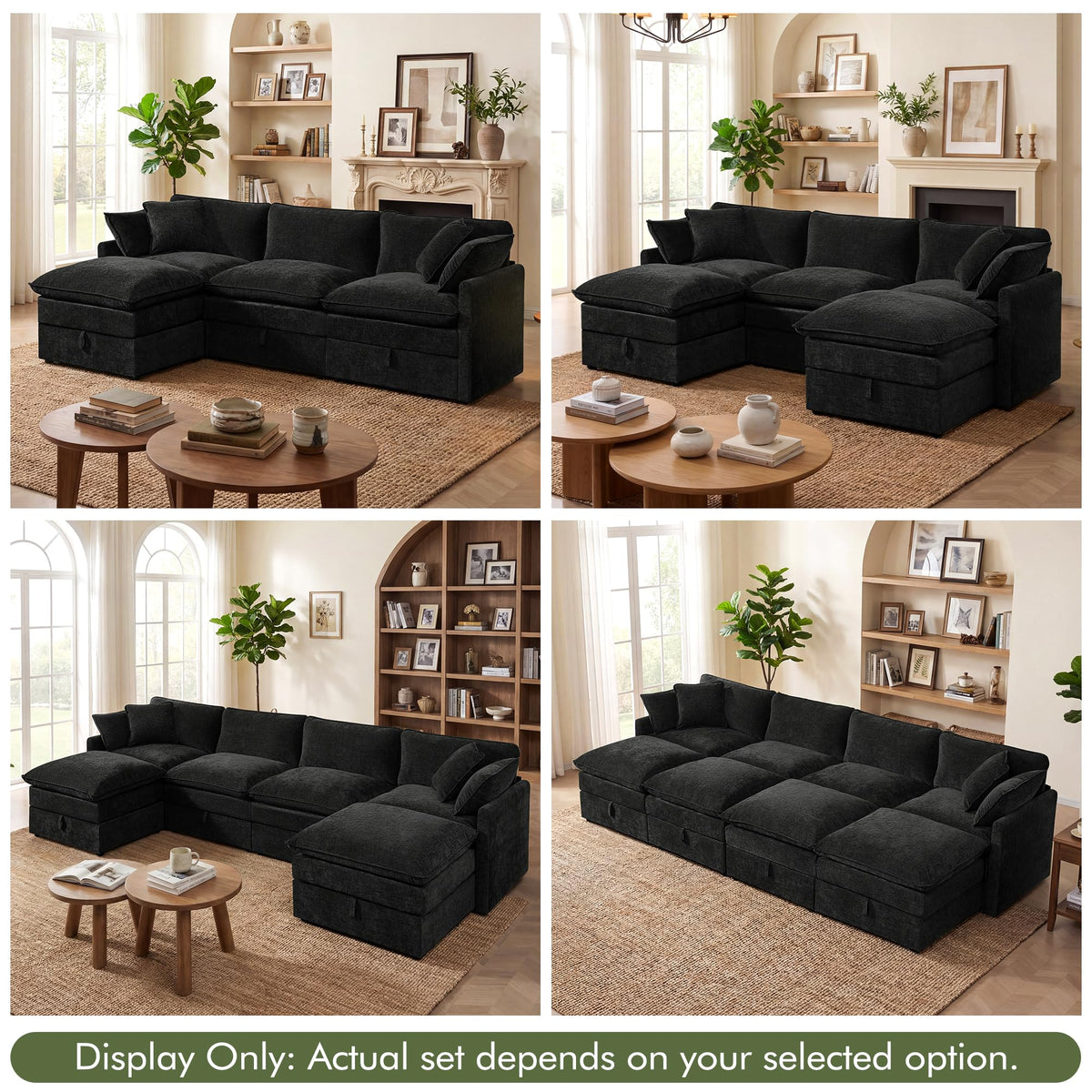 WorthFurni Modular Sectional Sofa with Storage Ottomans,103" U-Shaped Cloud Couch,Comfy Modern Couches with Pillows & Upholstered Deep Seat Cushion for Apartment Living Room Bedroom（Black）