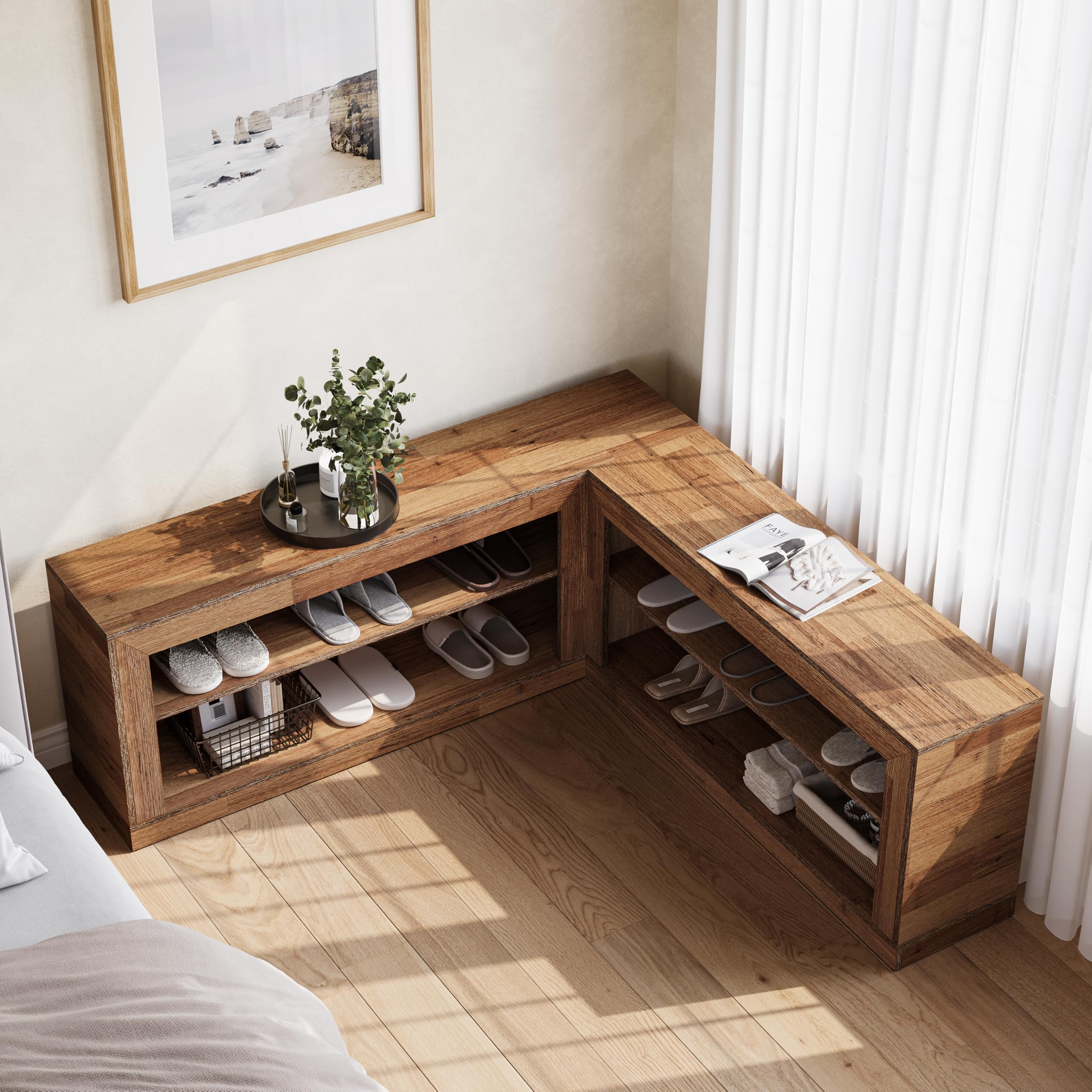 L-Shaped Corner Shoe Bench with Open Storage Shelves