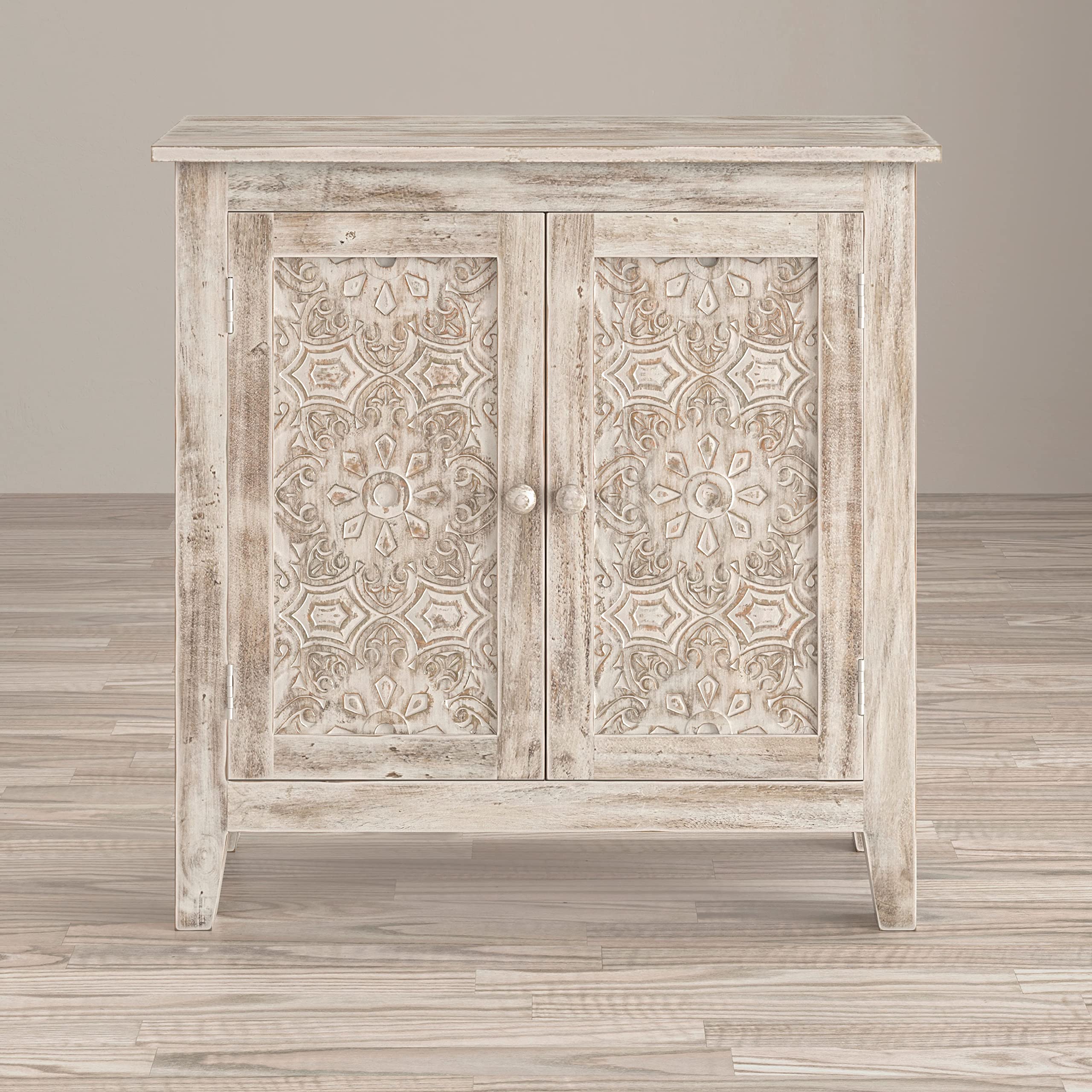 Jofran Global Archive Hand Carved Accent Chest Cabinet, 32', Weathered White