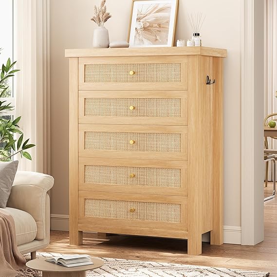 5-Drawer Rattan Boho Dresser