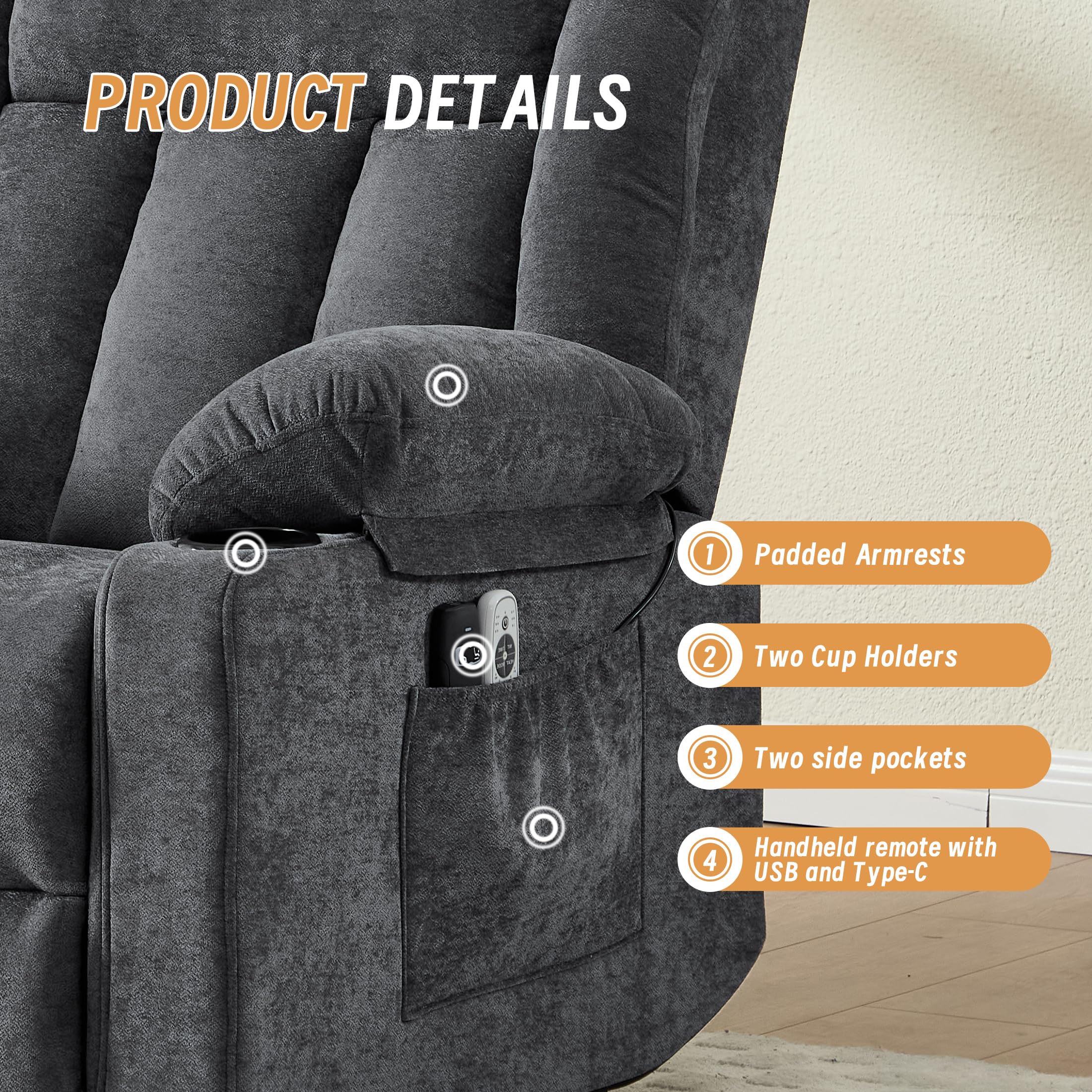Sftaiyou Power Lift Recliner for Elderly,Electric Recliner Chair with Massage & Heating for Adults, USB Charging, Cup Holders, Side Pocket, Living Room Sofa L1288 (Dark Grey)