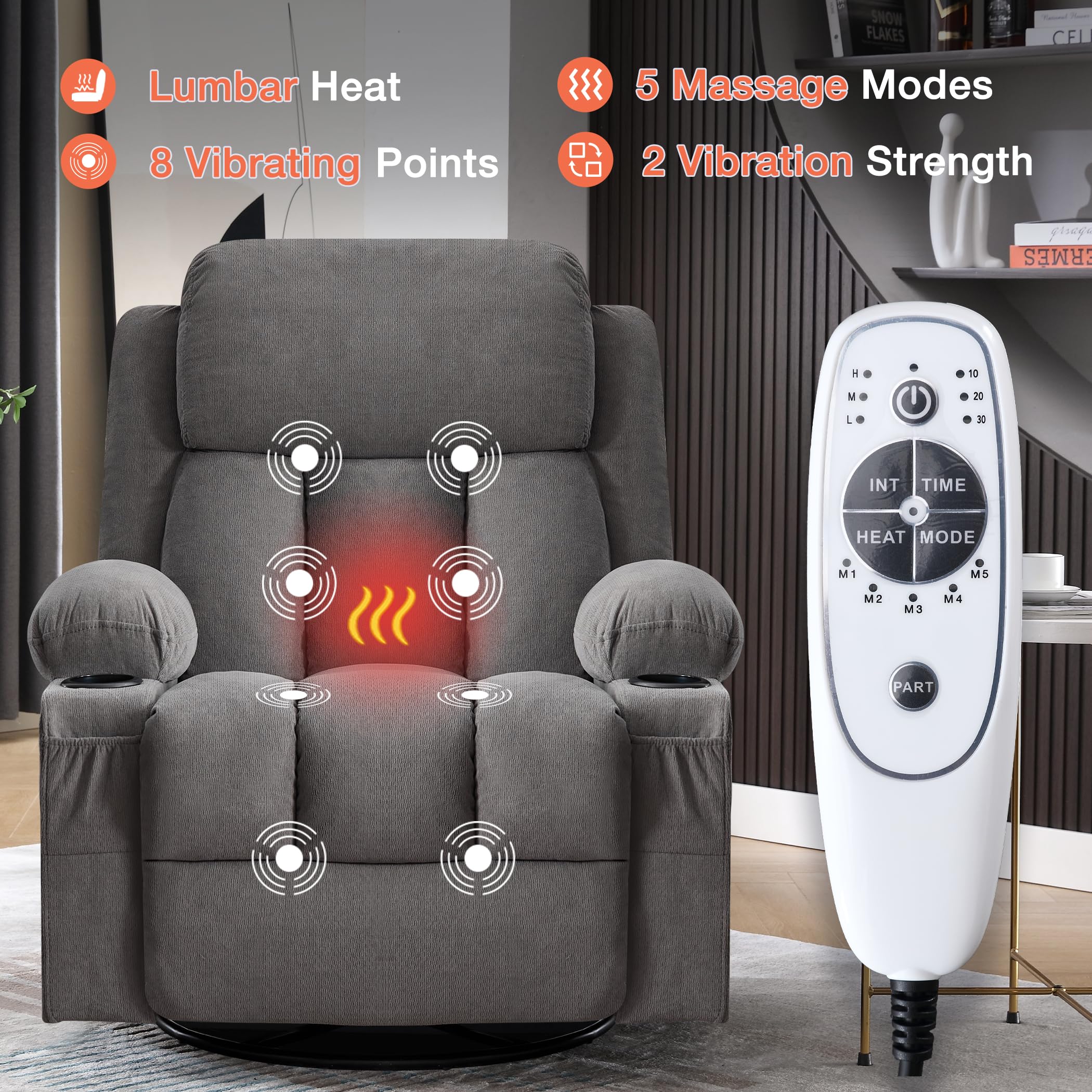 BOSMILLER Swivel Rocker Recliner Chair with Vibration Massage and Lumbar Heating Ergonomic Lounge Chair for Living Room with Rocking Function and Side Pocket, 2 Cup Holders, USB Charge Port