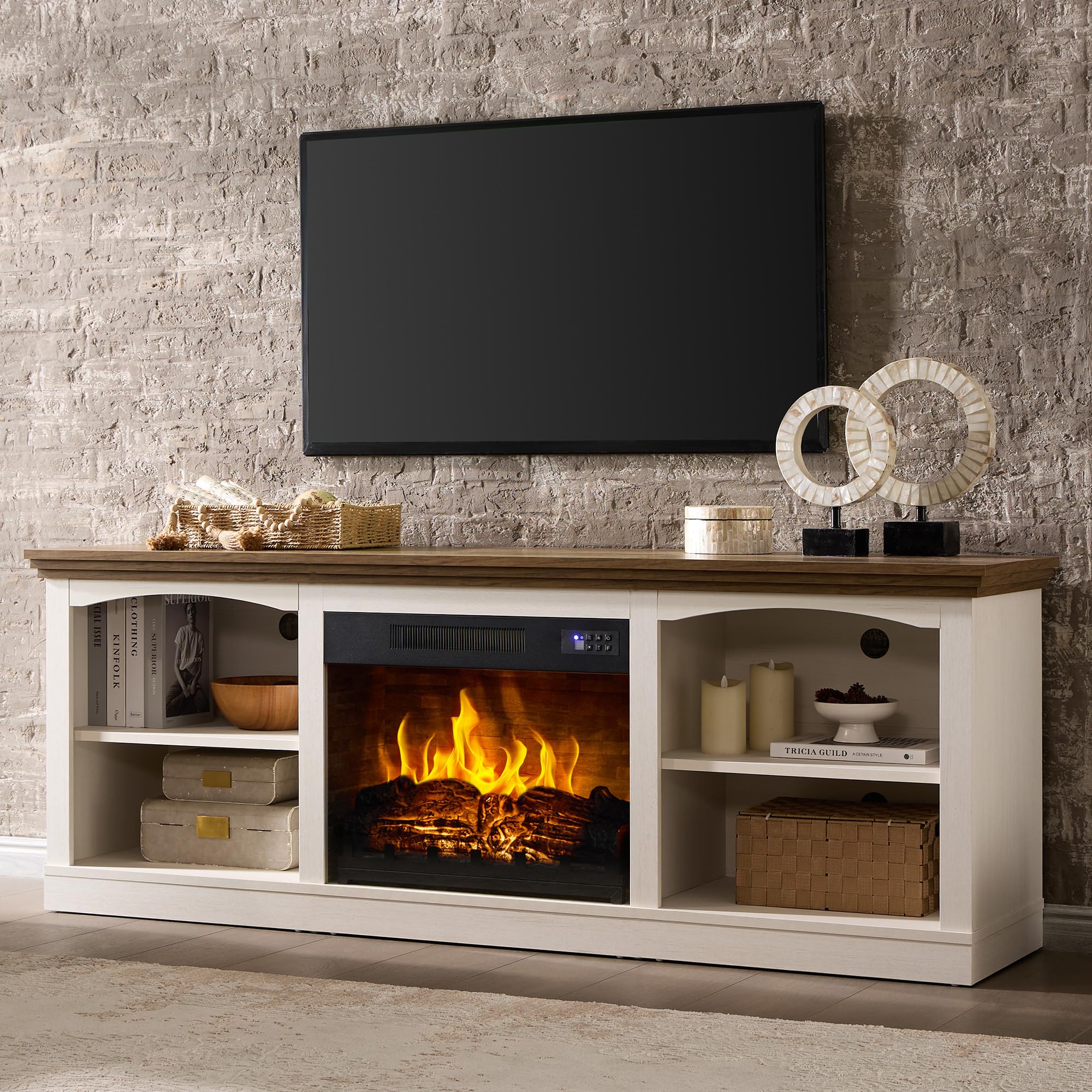 70" Farmhouse Fireplace TV Stand with Storage – Fits TVs up to 80"