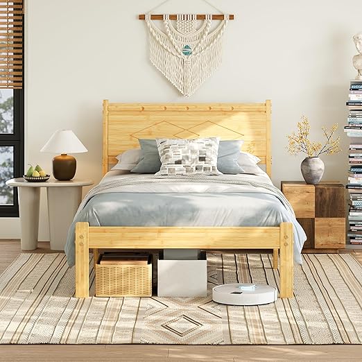 Bamboo & Iron Platform Bed Frame with Headboard | 14-Inch Clearance