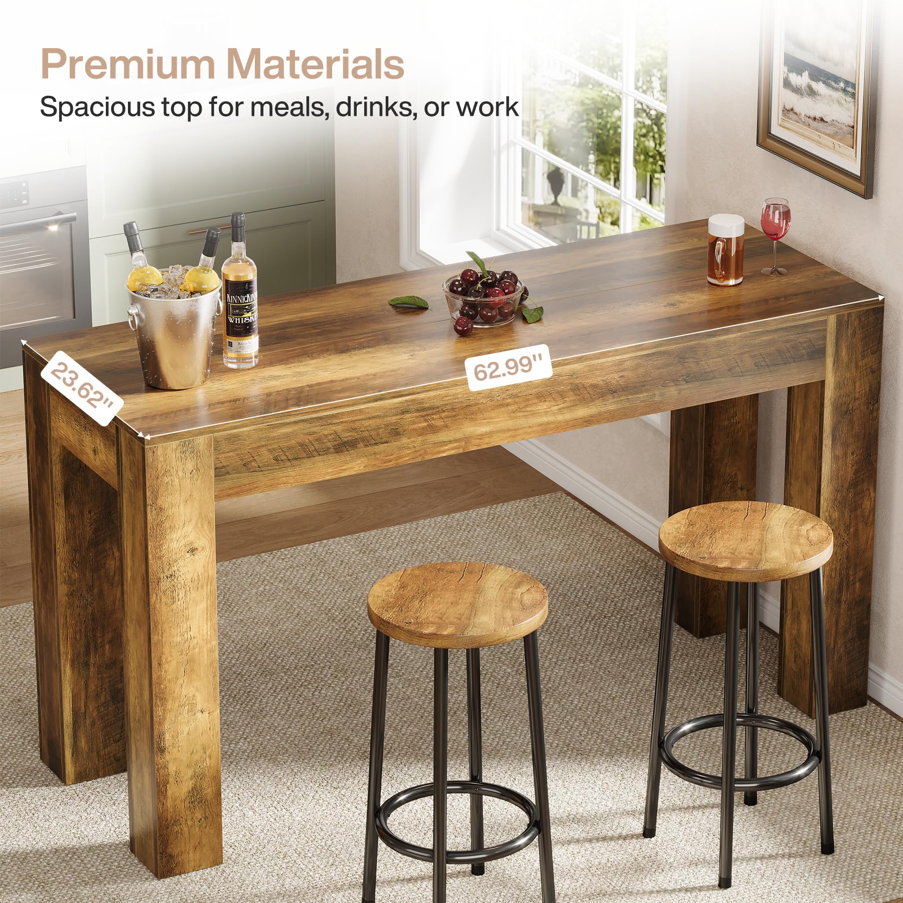 Tribesigns 63" Long Bar Table, Wooden Counter Height Table with 4 Legs, Rectangular Pub Table for Kitchen, Home Bar & Living Room, Rustic Brown (Rustic Brown)