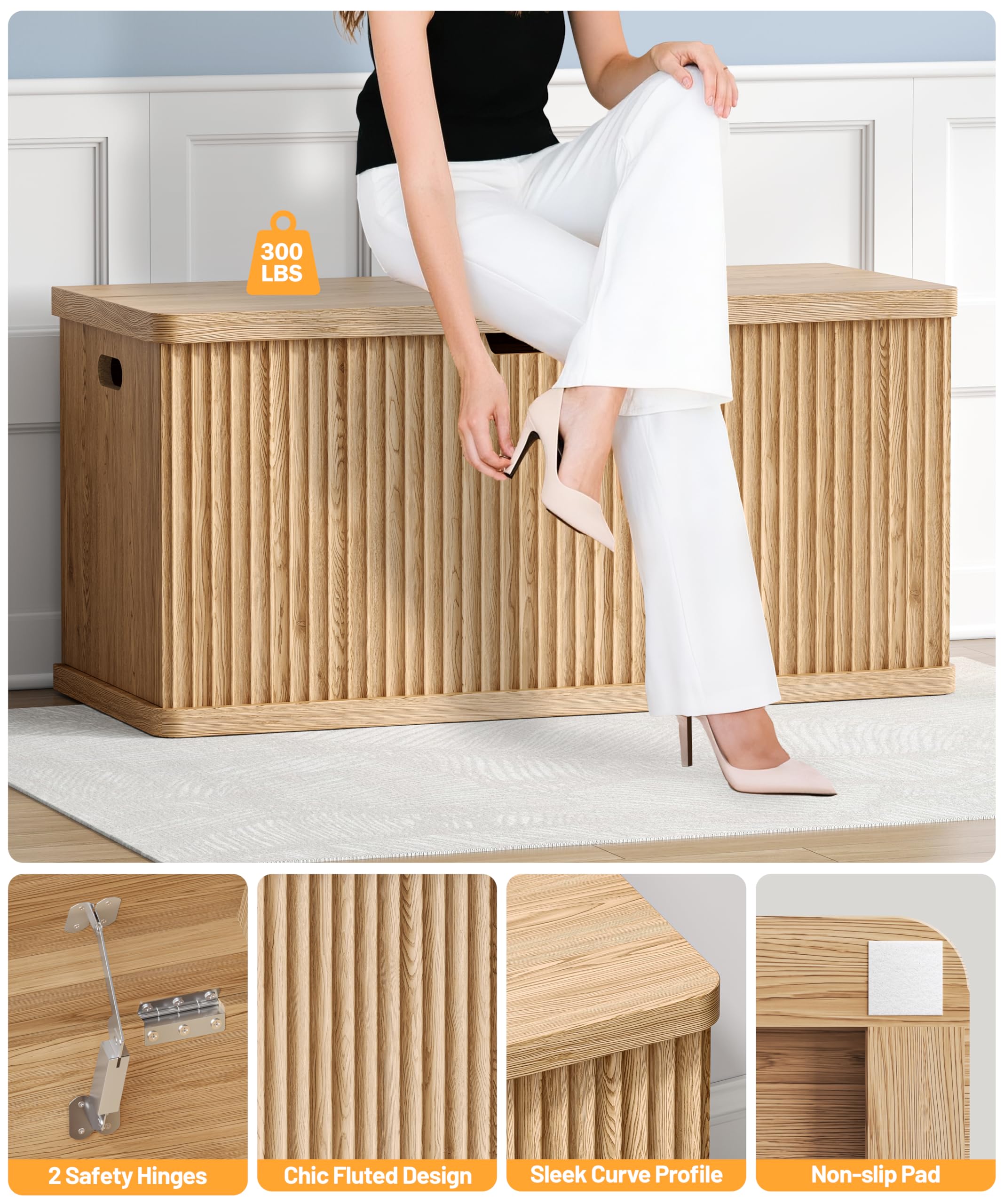 Akxomel Fluted Storage Chest with 2 Safety Hinges, 37.4" Wooden Storage Trunk, Natural Entryway Bench, for Living Room, Bedroom, Curved Profile, Easy Assembly, Natural Oak