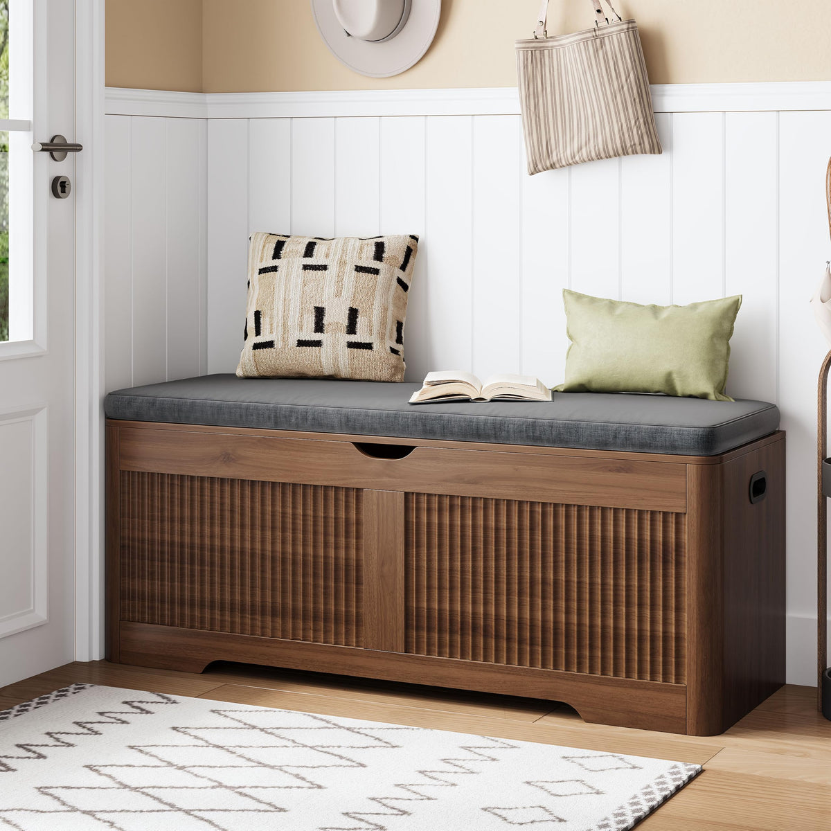 47.3"W Fluted Storage Chest with Padded Seat Cushion, Curved Profile,Walnut