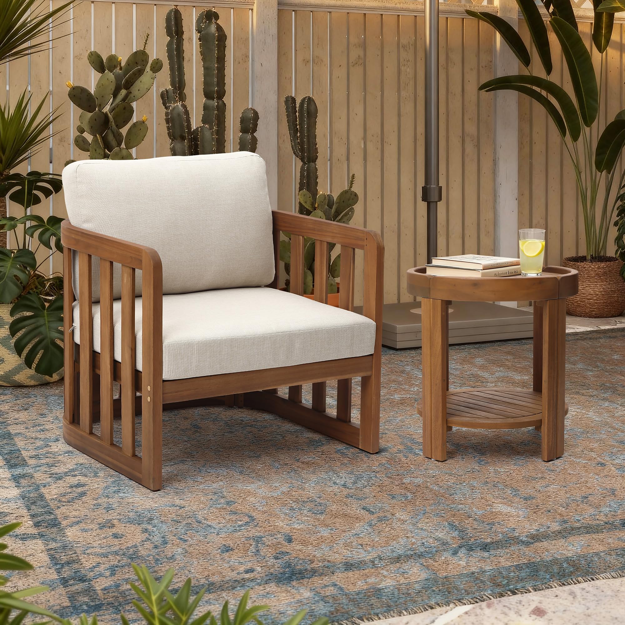 Acacia Wood Outdoor Side Table with Tray Top & Shelf