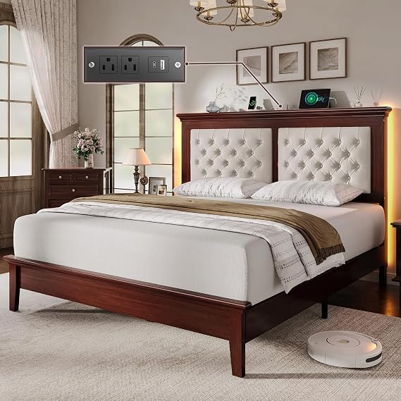 Solid Wood Upholstered Bed Frame with LED & Charging Station