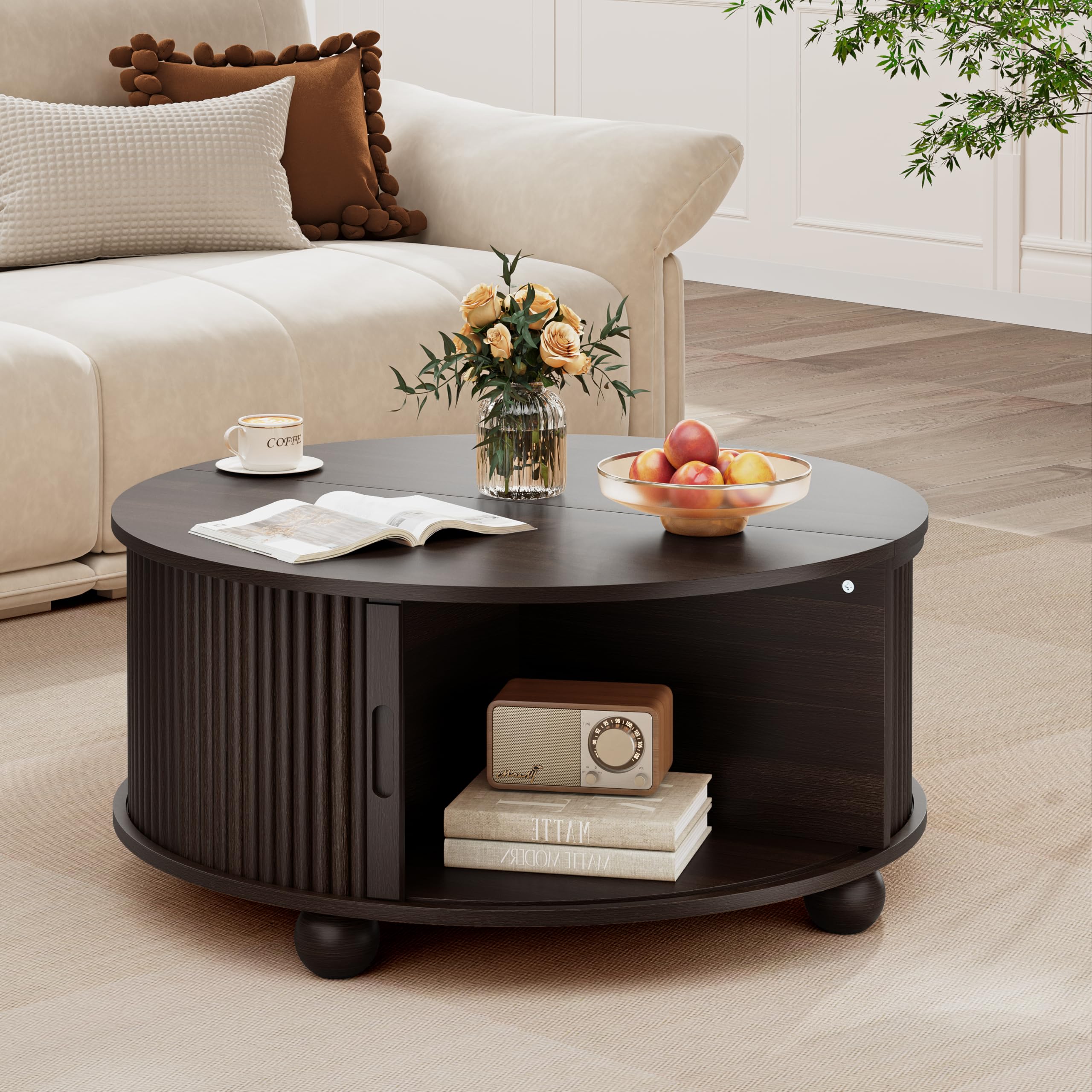 DHH Fluted Round Coffee Tables,31.5" Mid Century Modern Circle Drum Table with Storage, Accent Coffee Table with Sliding Cabinet Door for Living Room Small Space (Dark Walnut)