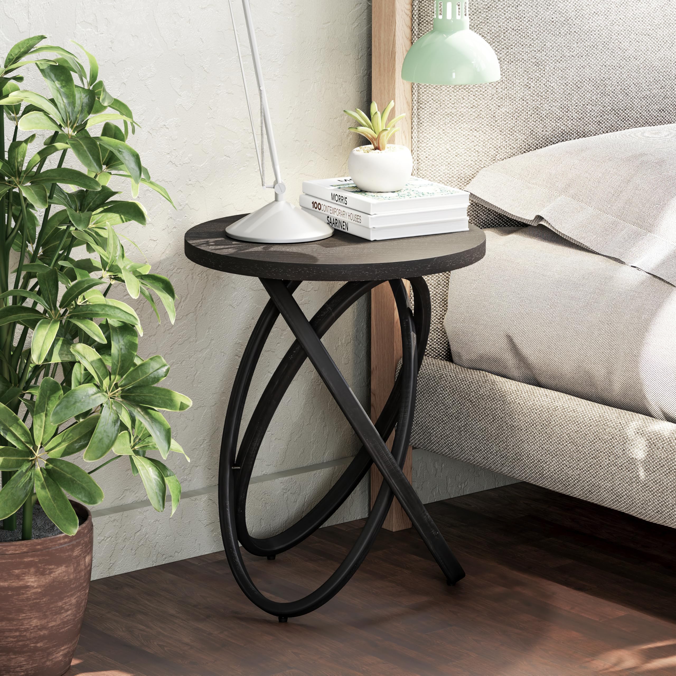 COZAYH Round End Table Farmhouse Wood Side Table Rustic Plant Stand with Intertwined Line Design for Living Room, Office, Black