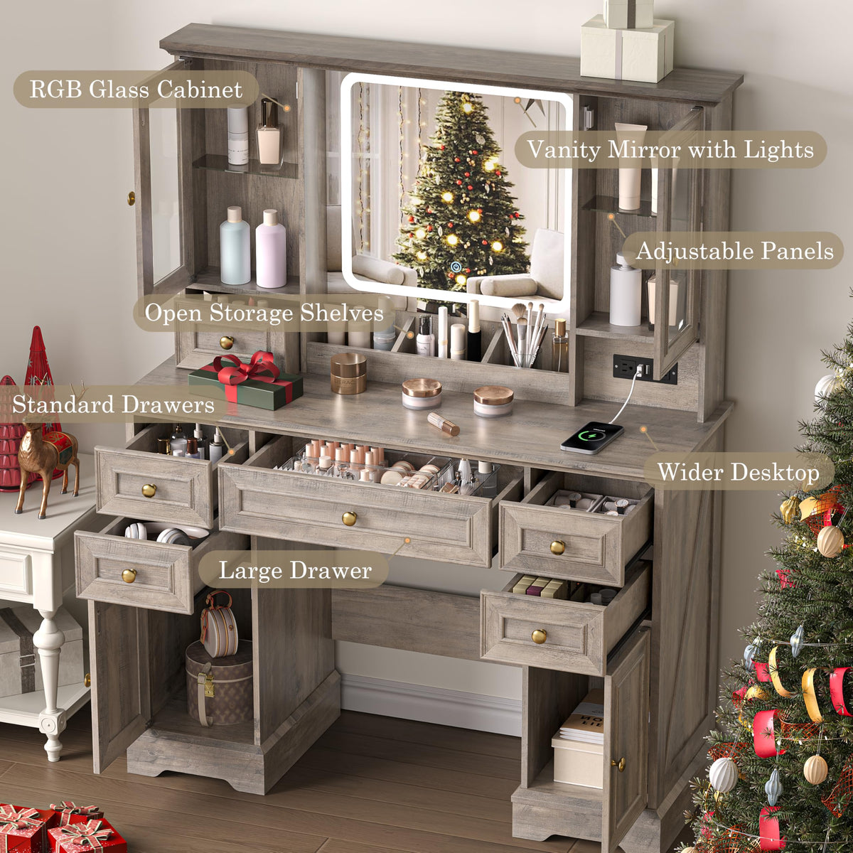 Farmhouse Makeup Vanity with Lighted Mirror