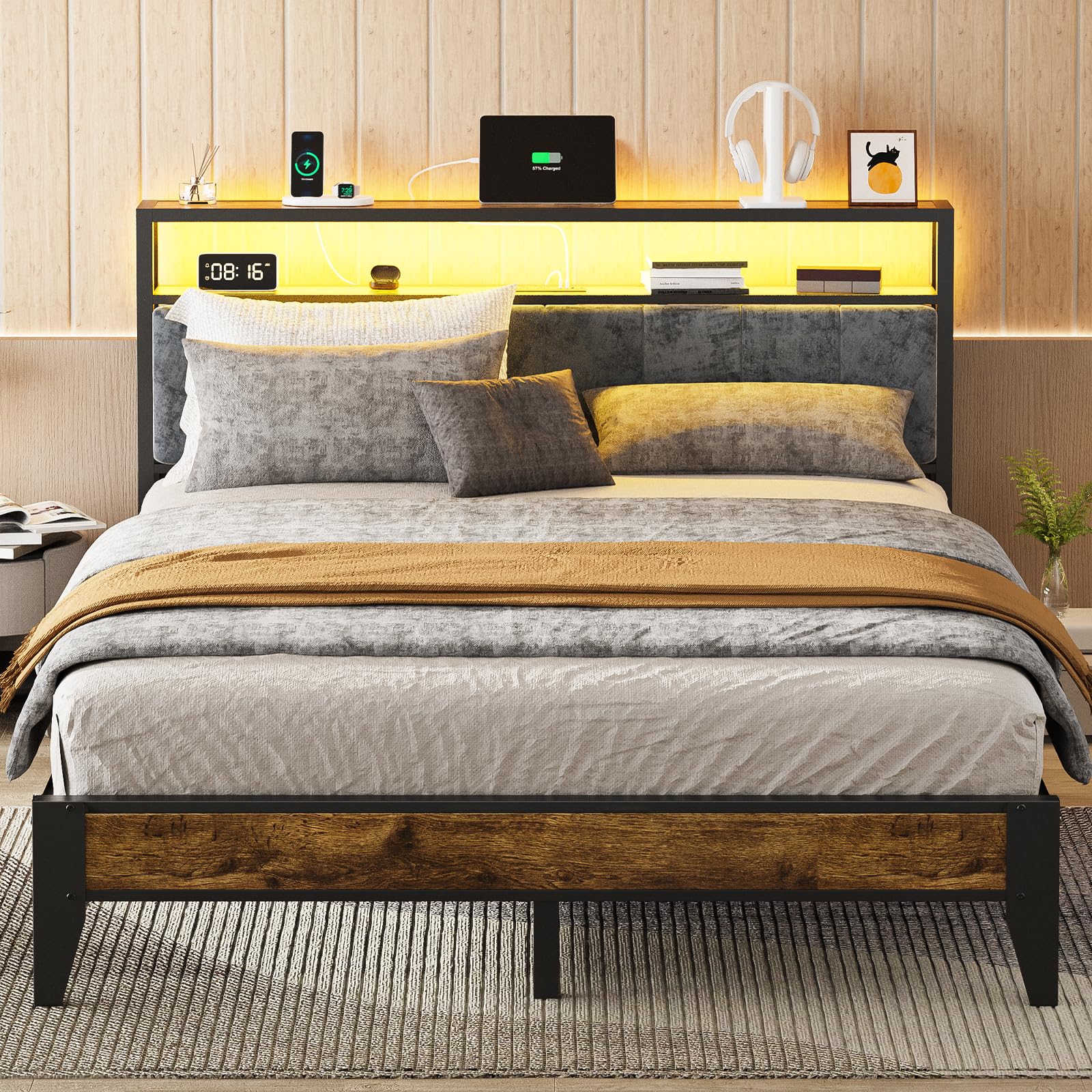 Metal Platform Bed Frame with LED Headboard & Charging Station