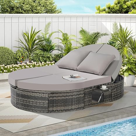 Outdoor Rattan Daybed with Adjustable Backrest & Cushions