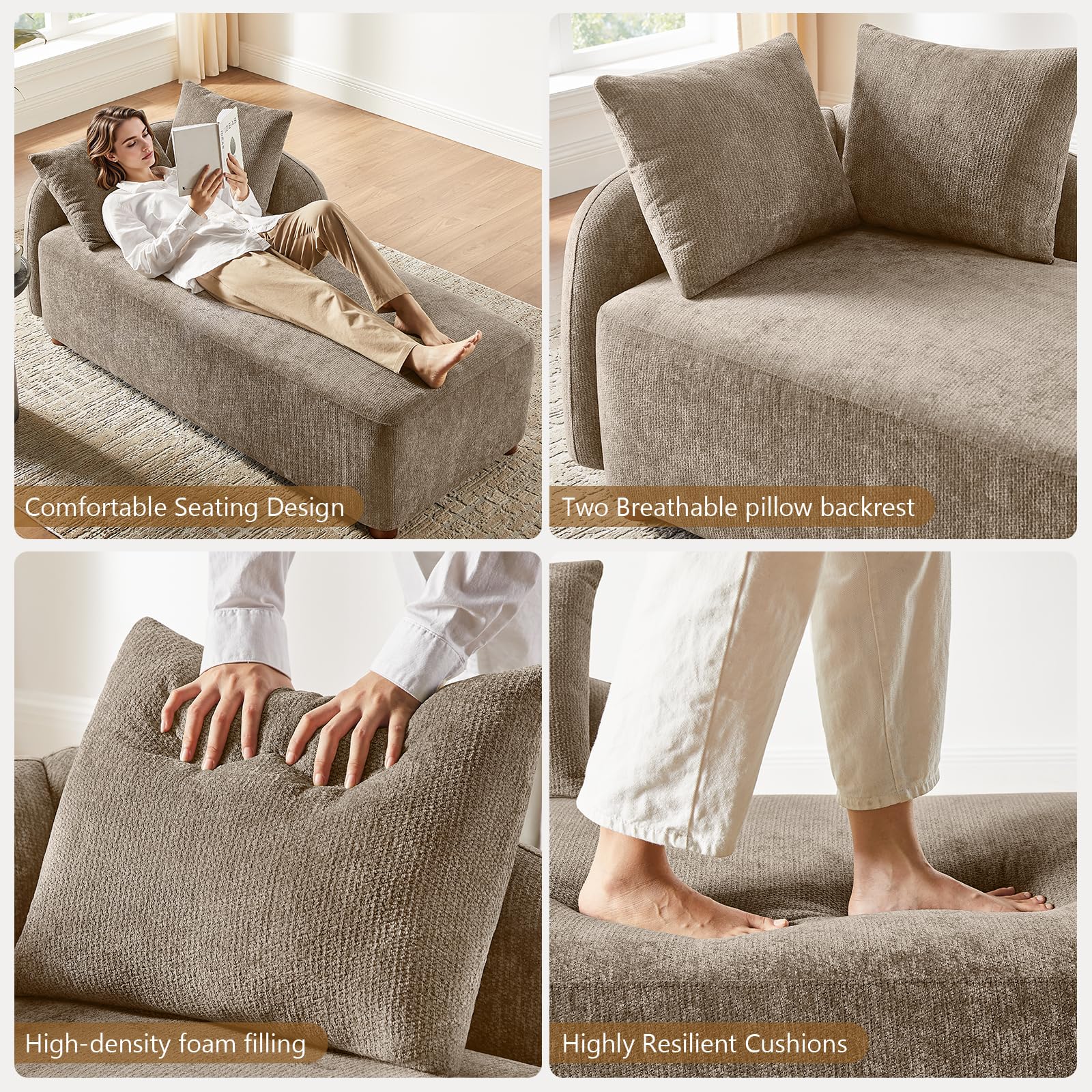 Arcrinte 68.9" Oversized Chaise Lounge Chair Indoor, Comfy Chenille Reading Chair Daybed, Upholstered Left Facing Sleeper Sofa with 2 Pillows, Lounge Sofa Chair for Living Room Bedroom
