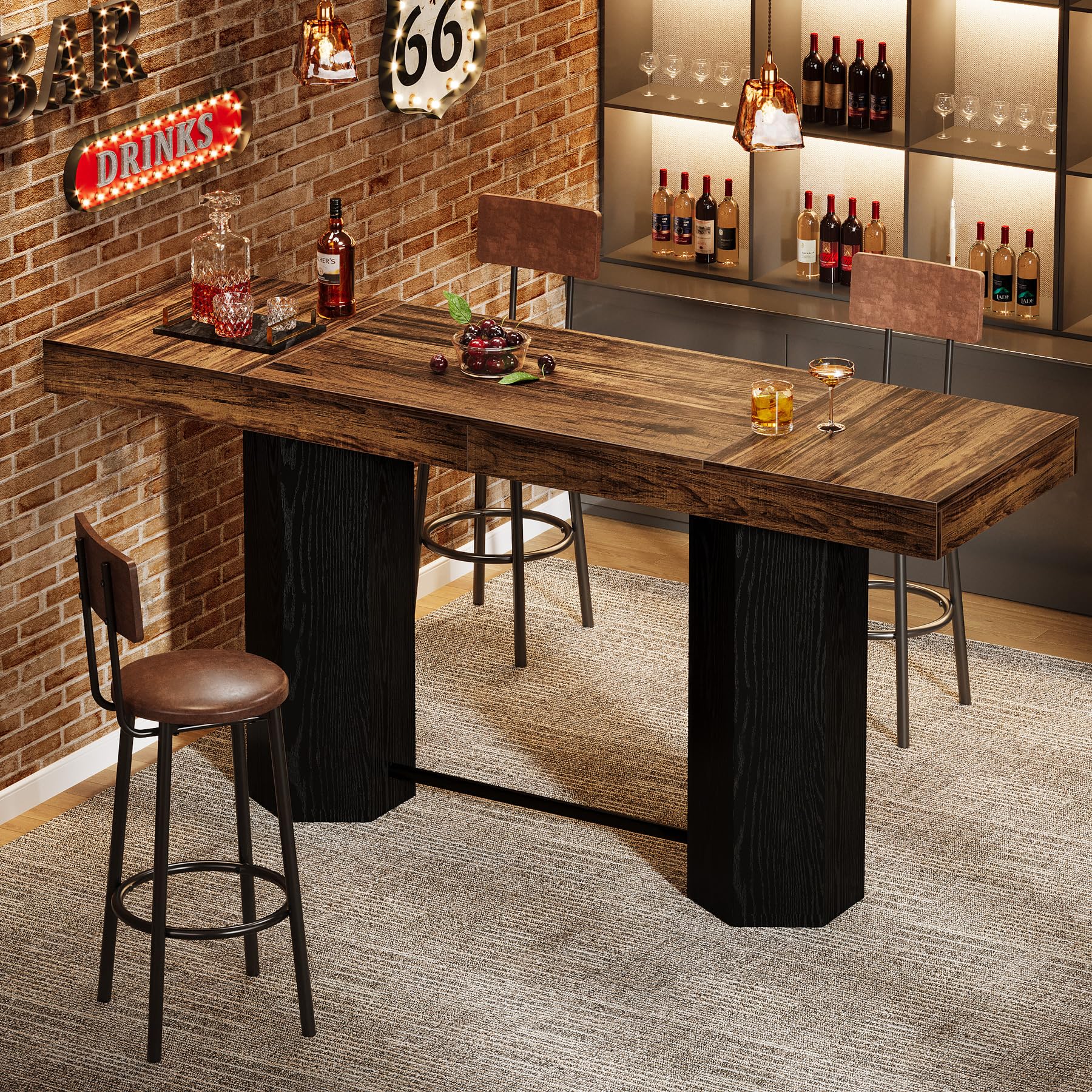 Tribesigns 70.9" Extra Long Bar Table, Industrial Counter Height Table, Rectangular Bar Height Tables with Metal Footrest for Kitchen Dining Room, Living Room, Pub (Rustic Brown & Black)